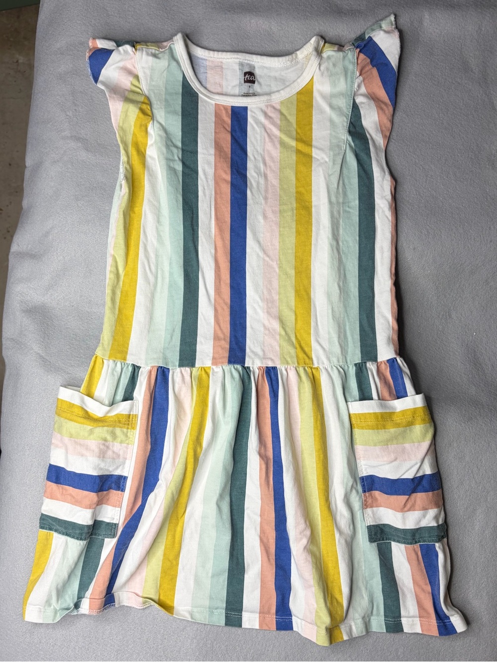 Tea Collection Multicolor Stripe Flutter Sleeve Dress - Blue, Yellow, Pink 7